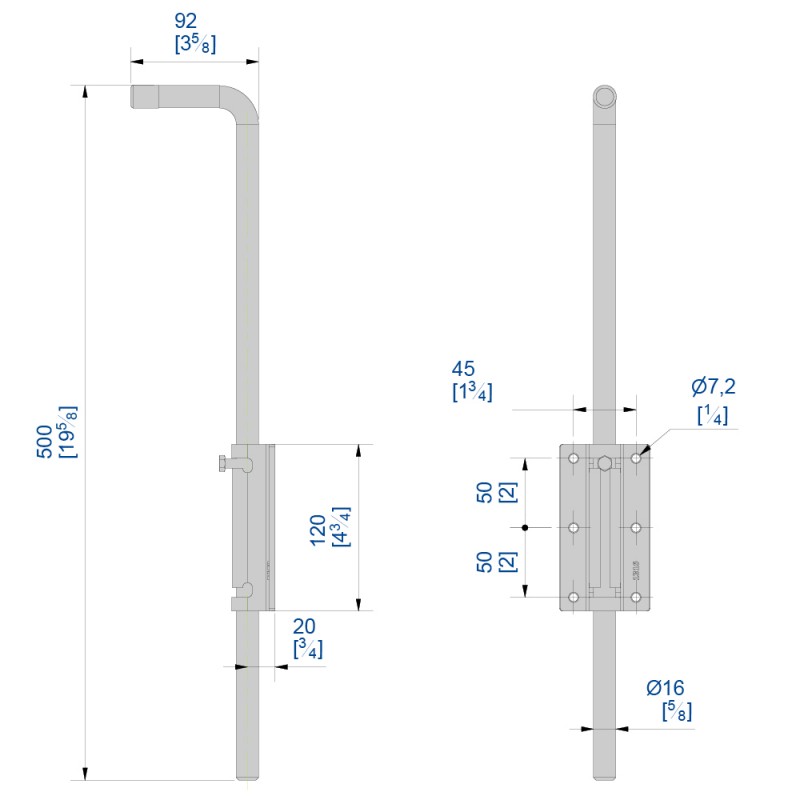 Riegel für Schiebetore, verstärkt, auf 6-Loch Anschraubplatte, Höhe 500 mm,  Durchmesser 16 mm, Tore bis