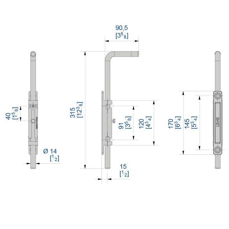 Riegel für Schiebetore, verstärkt, auf schmaler 2-Loch Anschraubplatte 23 mm,  Höhe 300 mm, Durchmesser 14